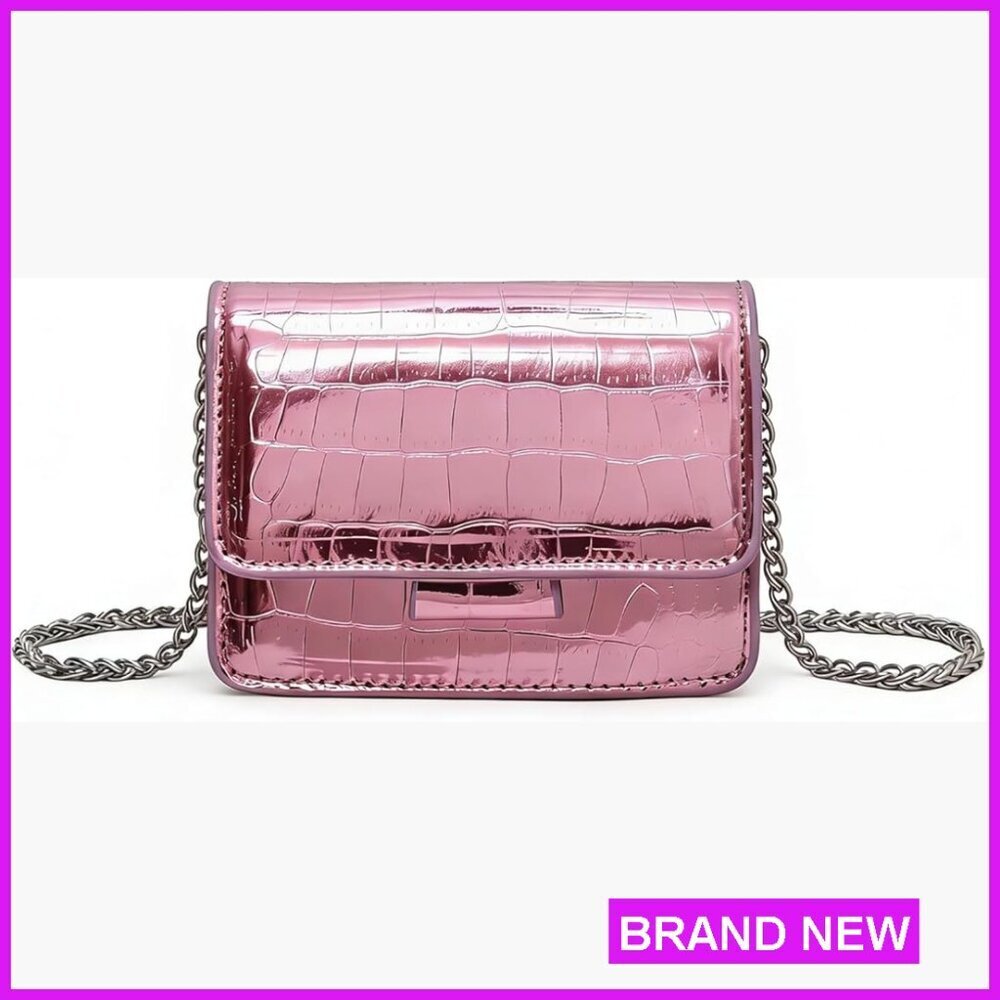 Patent Leather Mini Crossbody Bag Silver Chain Strap Evening Party Clutch